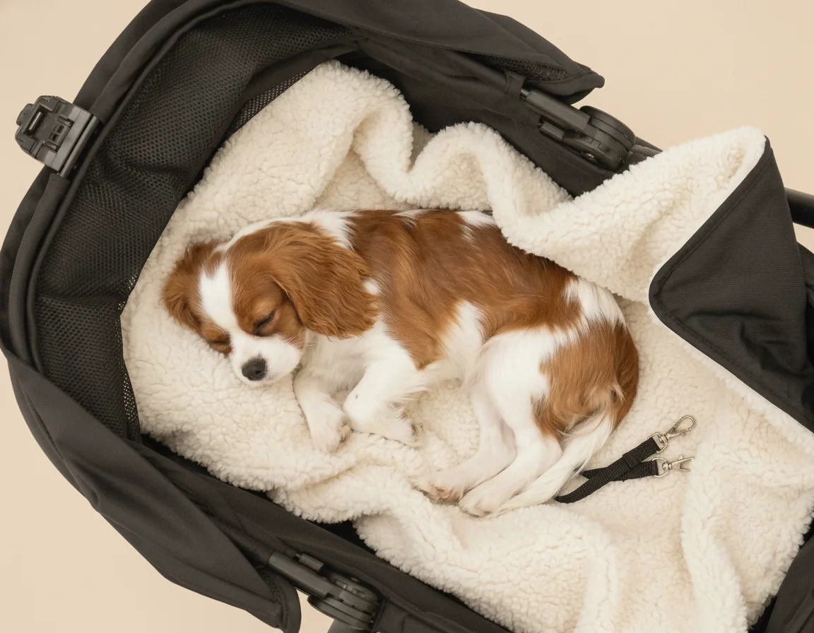 Hund schläft gemütlich auf der Sherpa-Liegefläche im MOON Dog Buggy