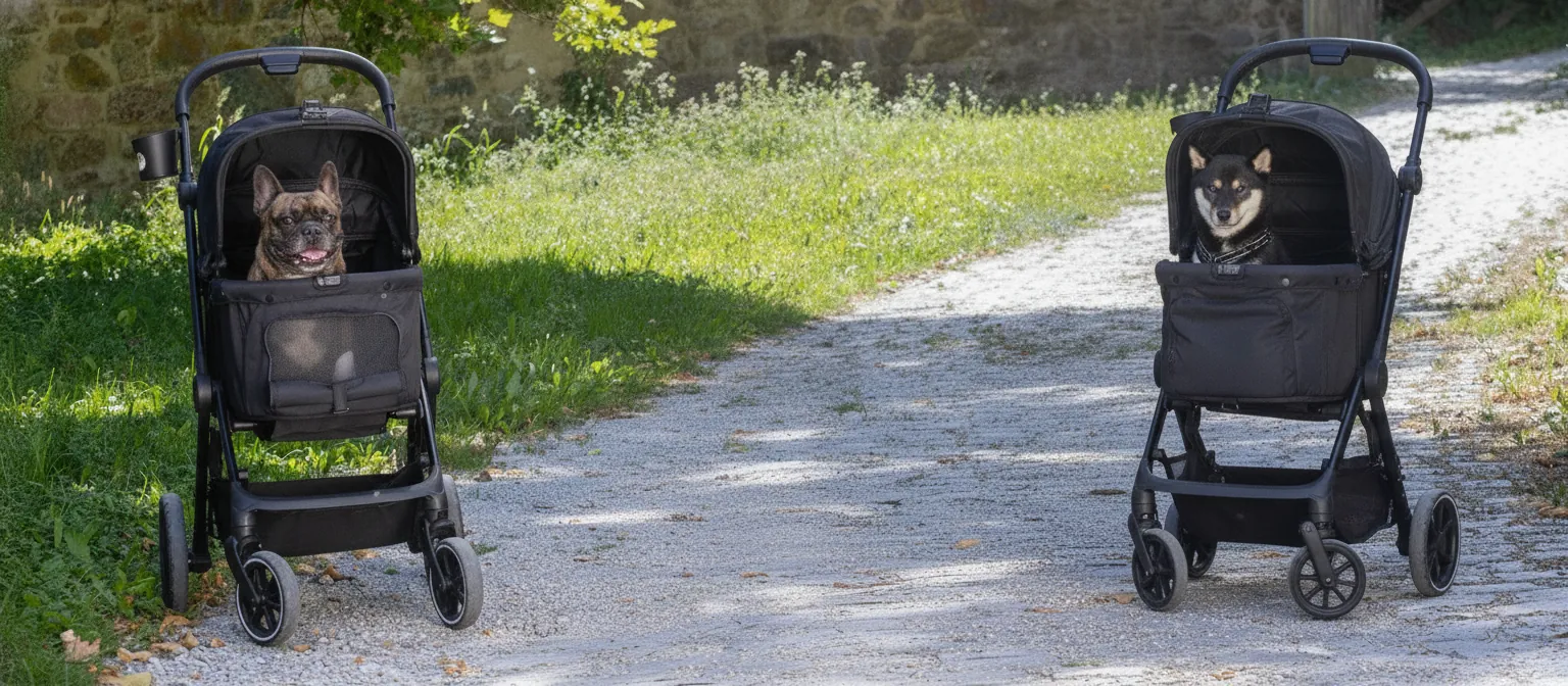 Zwei MOON Dog Hundebuggys nebeneinander auf einem Kiesweg, in jedem ein Hund